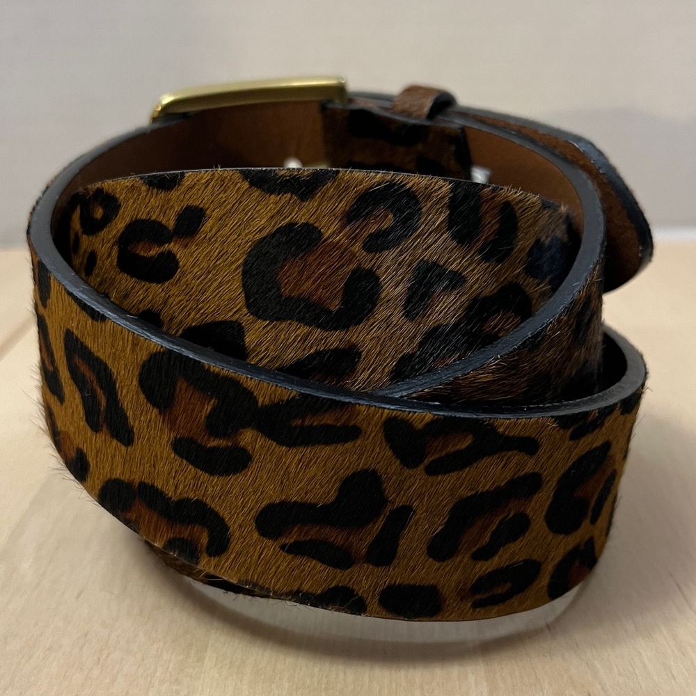 J. Crew Faux Fur Leopard Print Leather Belt w/ Gold Tone Buckle Women’s Medium - Picture 3 of 15